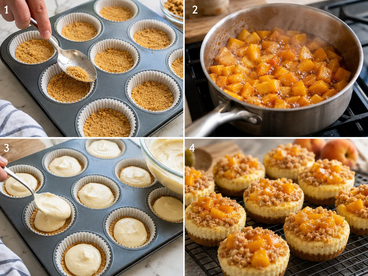Four steps for making mini peach cobbler cheesecakes