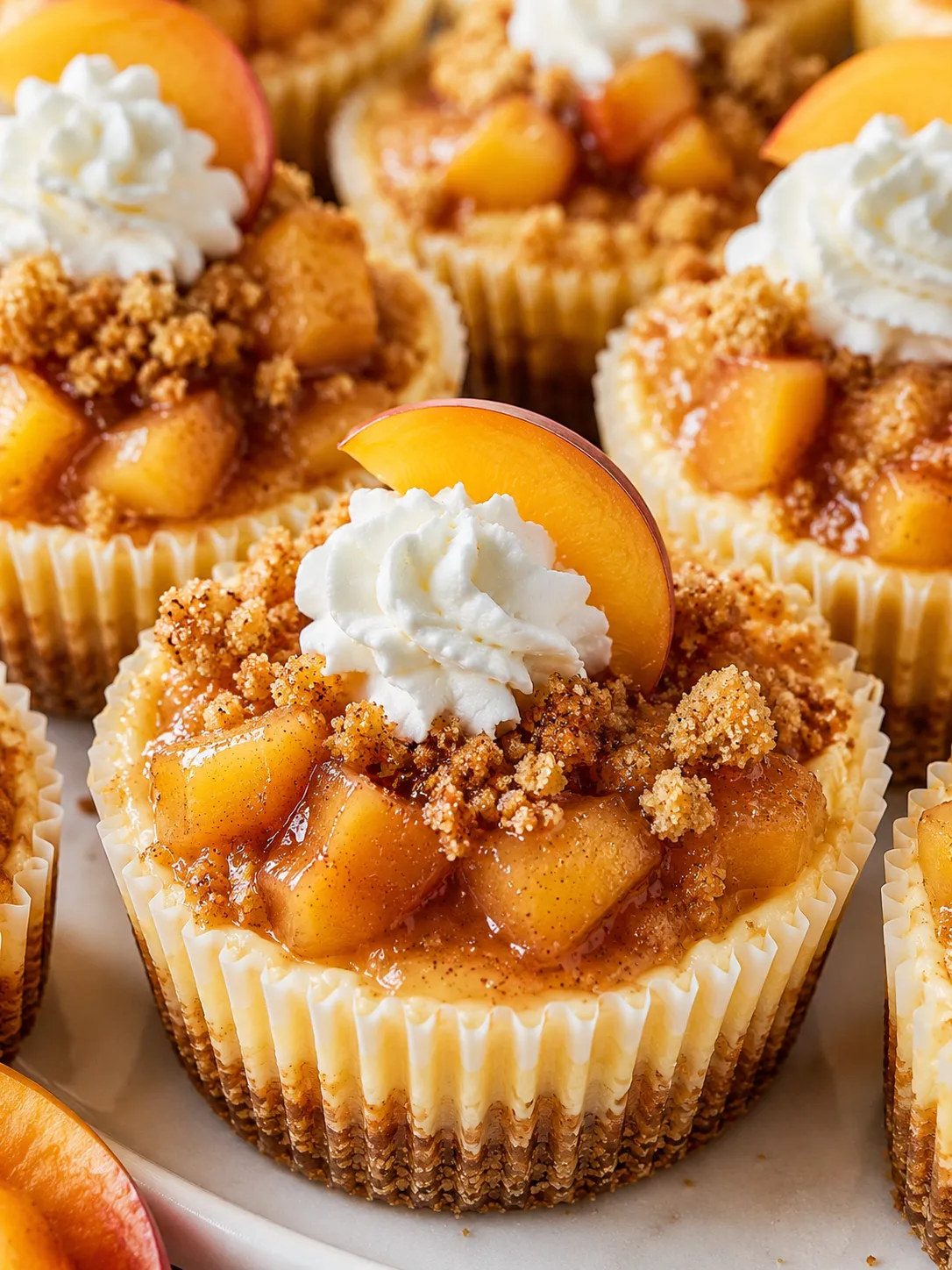 Mini peach cobbler cheesecakes with cinnamon peaches and crumb topping