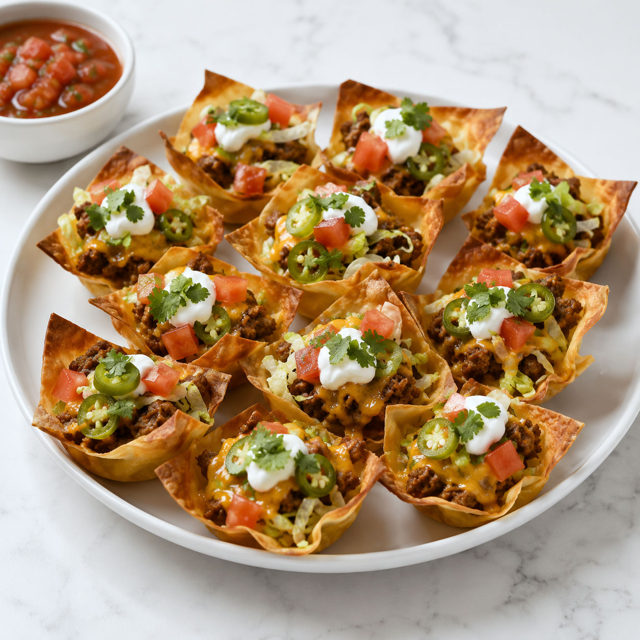 Mini Taco Cupcakes with beef, cheese, lettuce, tomato, and sour cream