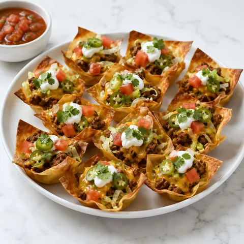 Mini Taco Cupcakes with beef, cheese, lettuce, tomato, and sour cream