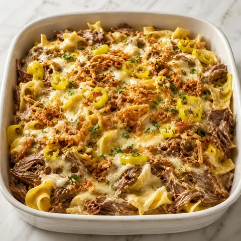 Mississippi pot roast casserole with noodles, pepperoncini, and crispy onions