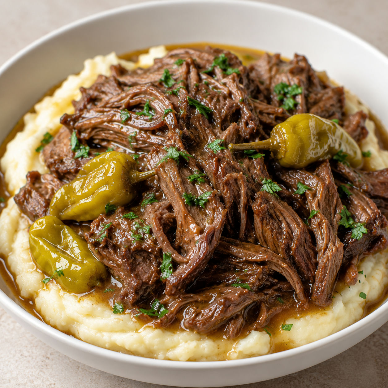 Shredded Mississippi pot roast in golden braising juices over creamy mashed potatoes with pepperoncini