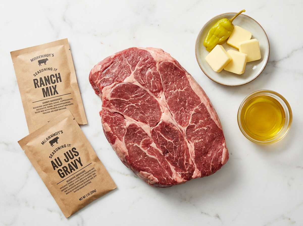 Raw chuck roast, seasoning packets, butter pats, and pepperoncini peppers on a wood surface