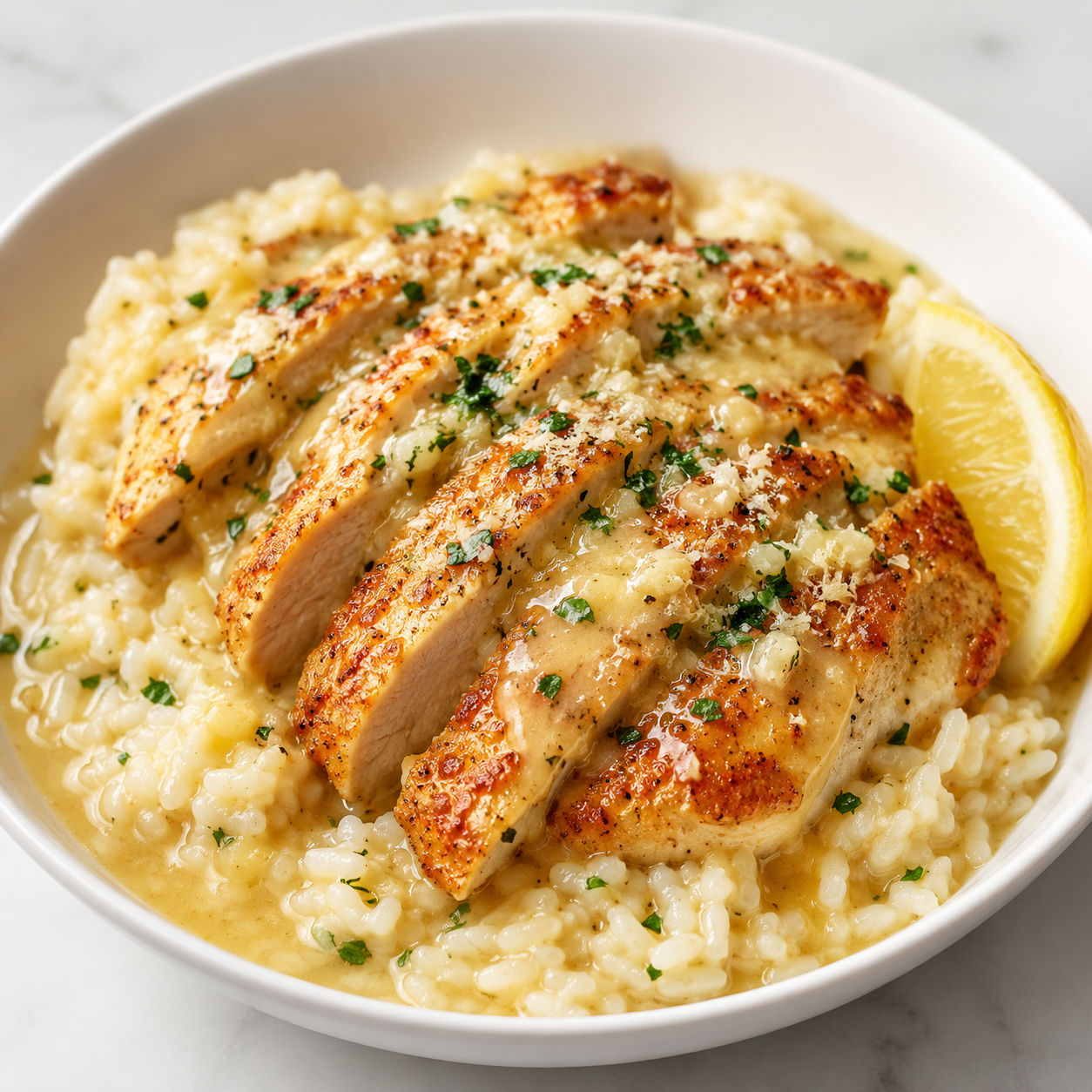 Chicken scampi with garlic parmesan rice, parsley, and lemon