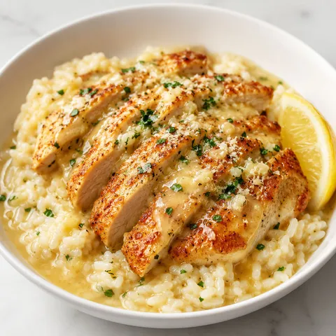Chicken scampi with garlic parmesan rice, parsley, and lemon