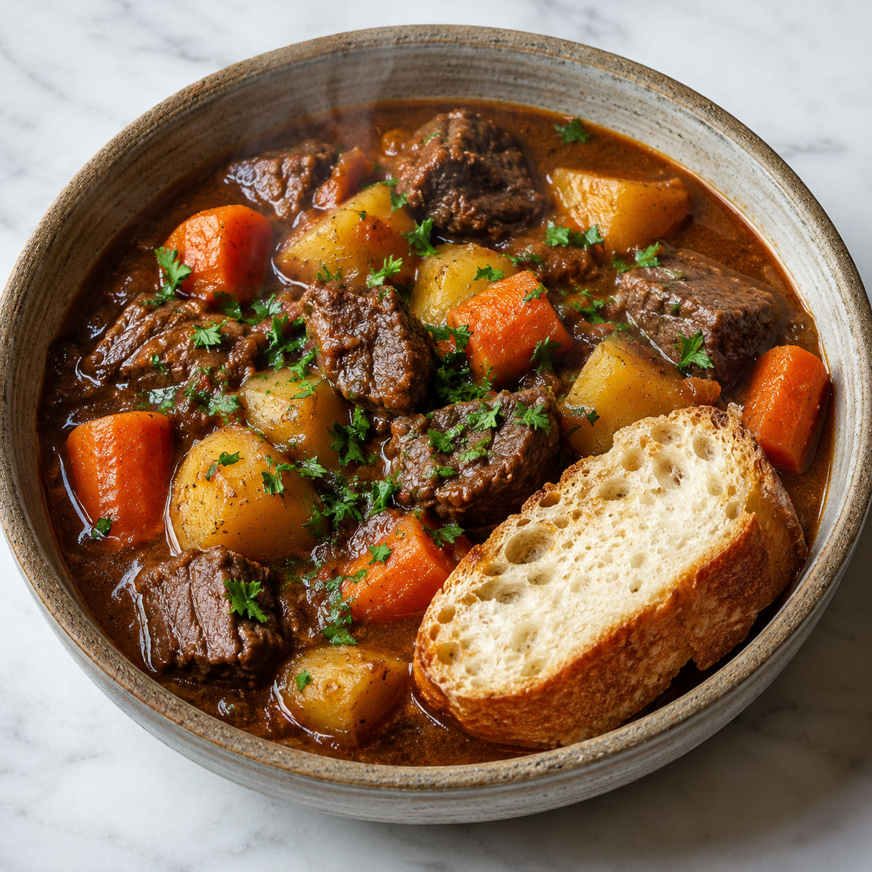 Classic beef stew with tender beef chunks, potatoes, and carrots in dark savory broth