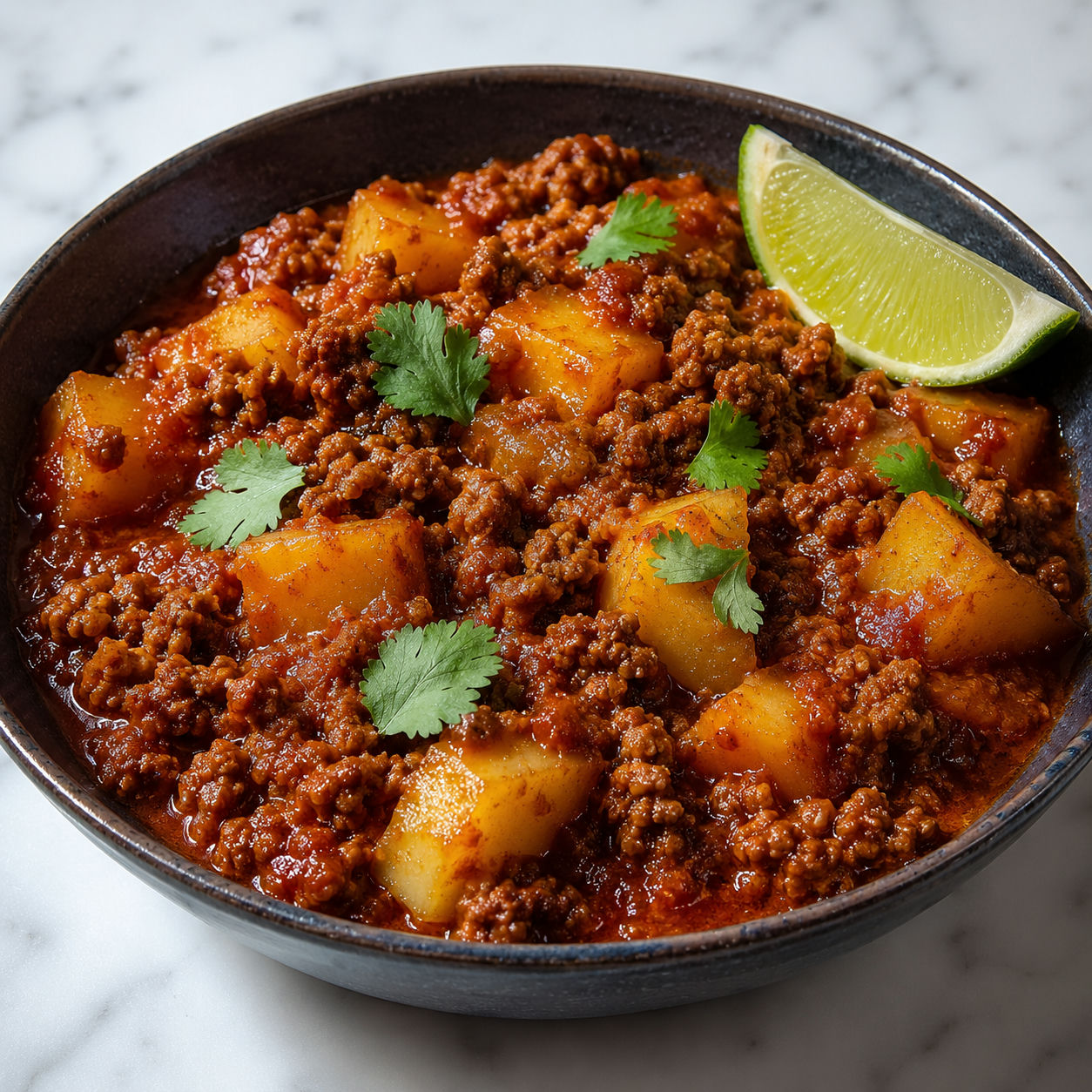 Picadillo con papa with ground beef, golden potatoes, and tomato sauce in a ceramic bowl