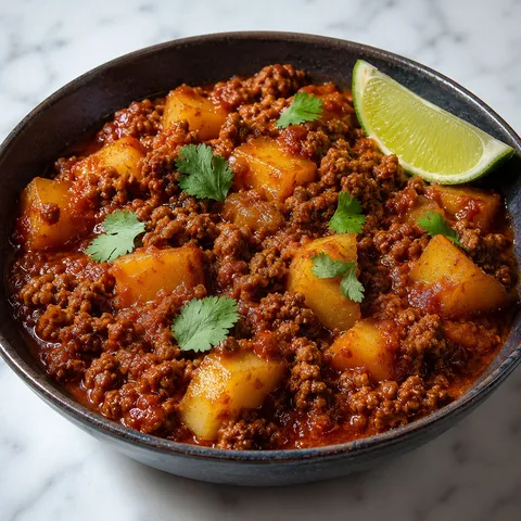 Picadillo con papa with ground beef, golden potatoes, and tomato sauce in a ceramic bowl