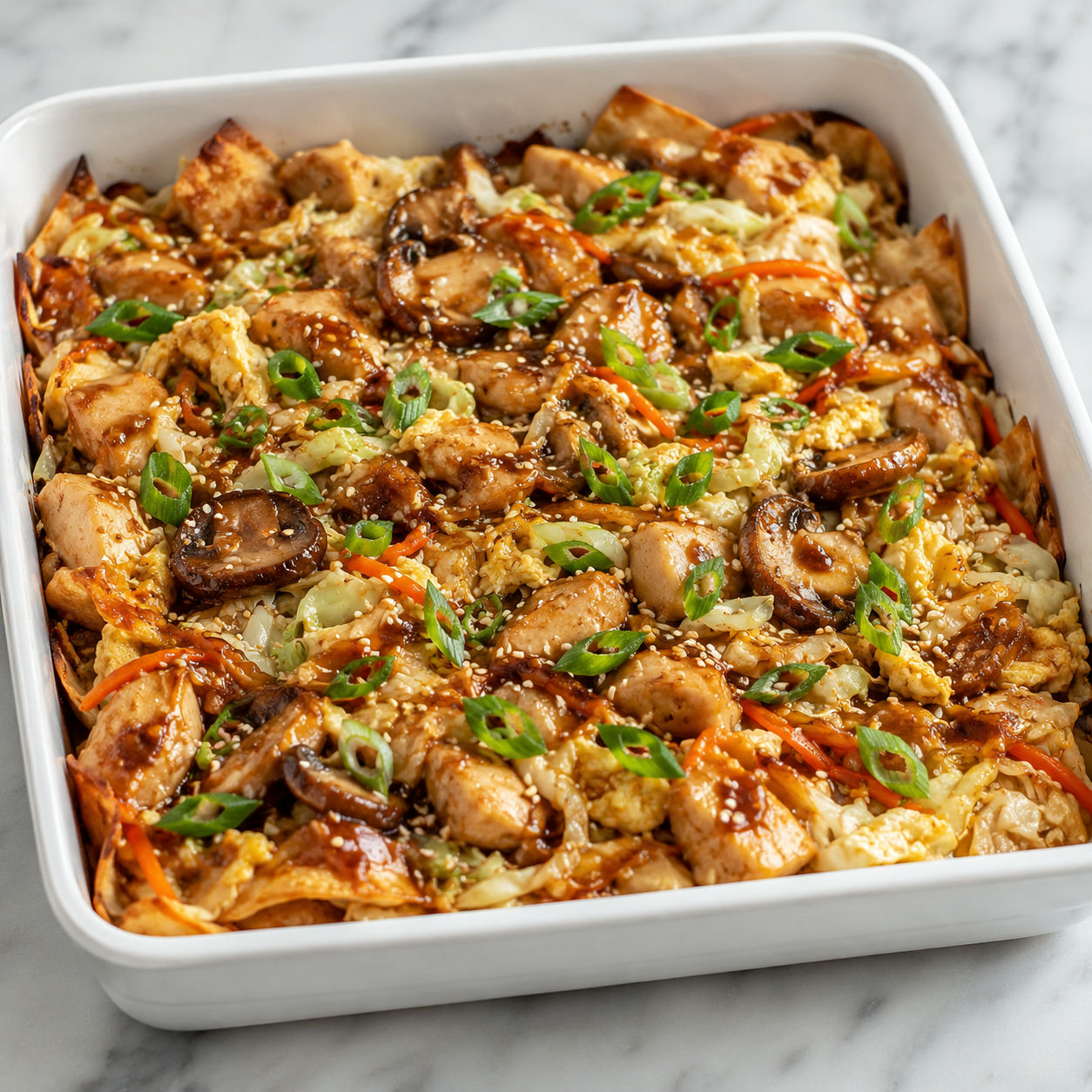 Moo shu chicken casserole with cabbage, scallions, and browned tortilla edges