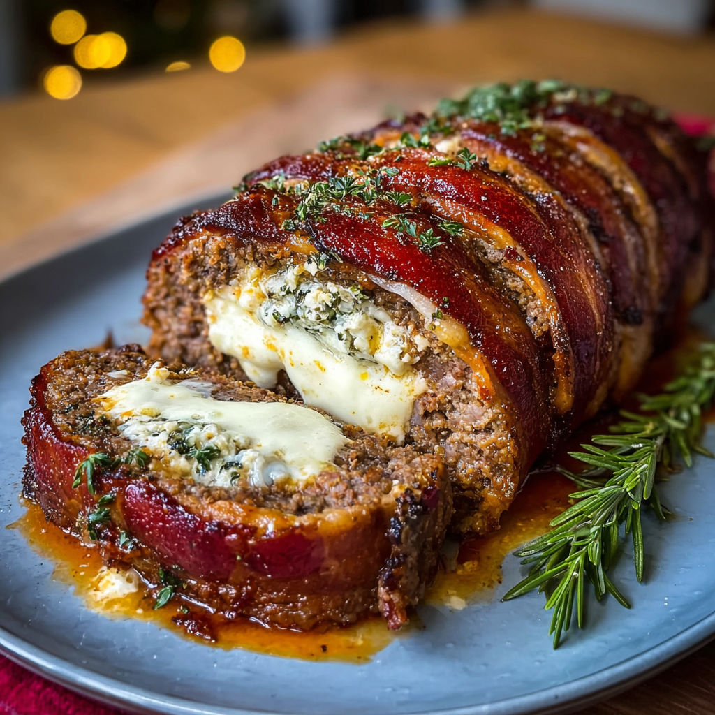 Mozzarella Stuffed Bacon Wrapped Meatloaf with Cheesy Center