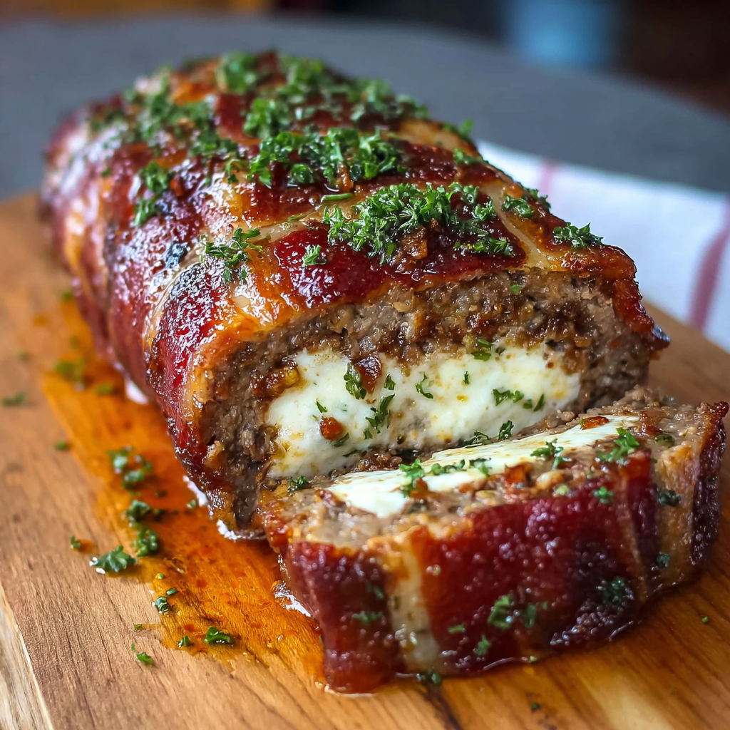 Mozzarella Stuffed Bacon Wrapped Meatloaf with Cheesy Center
