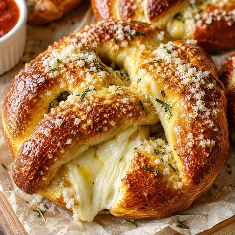 Mozzarella-stuffed soft pretzels with rosemary and Parmesan