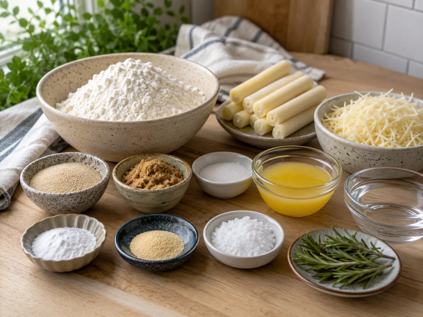 Ingredients for mozzarella-stuffed soft pretzels on a wood surface