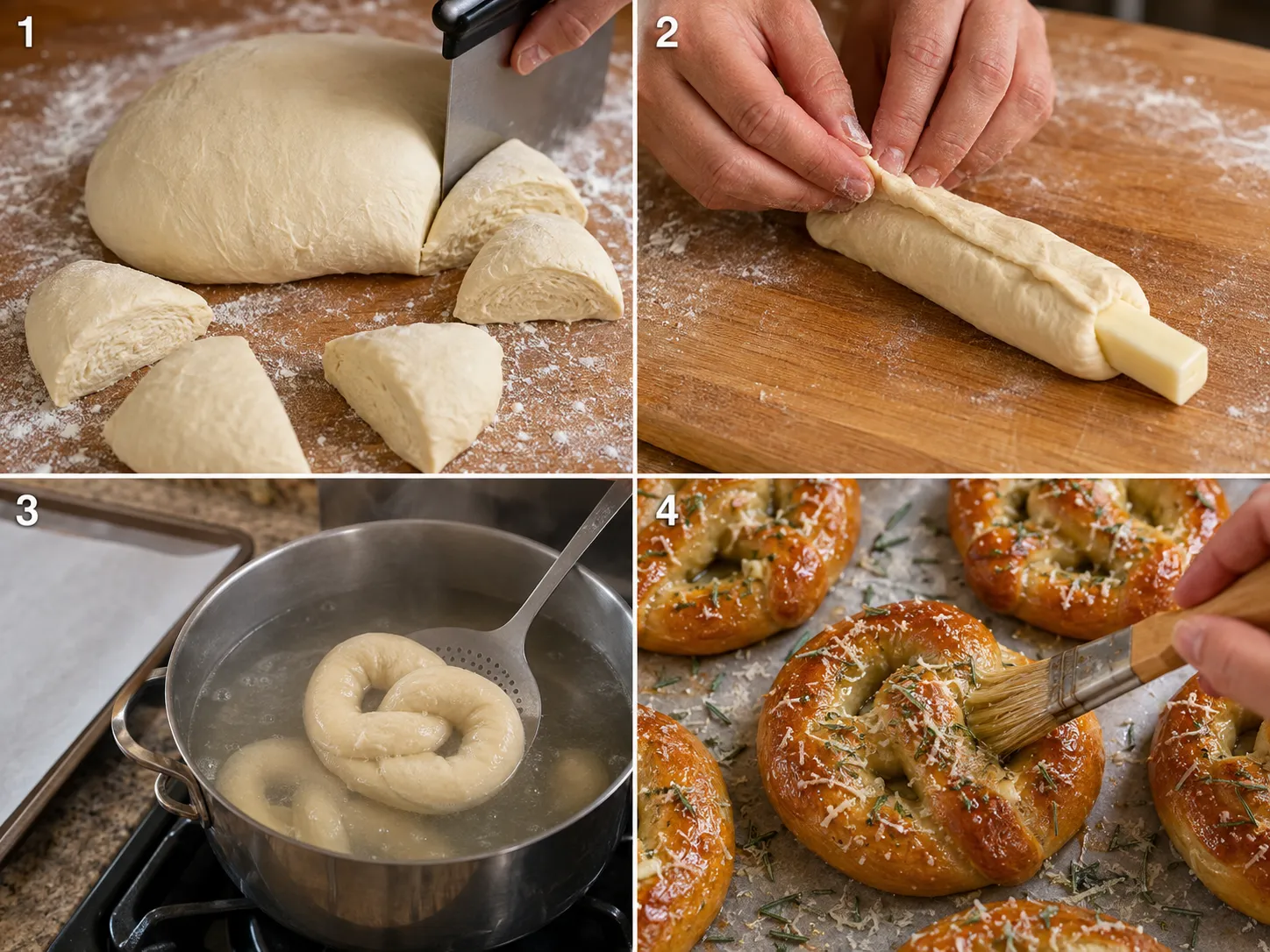 Steps for stuffing, dipping, and baking mozzarella soft pretzels