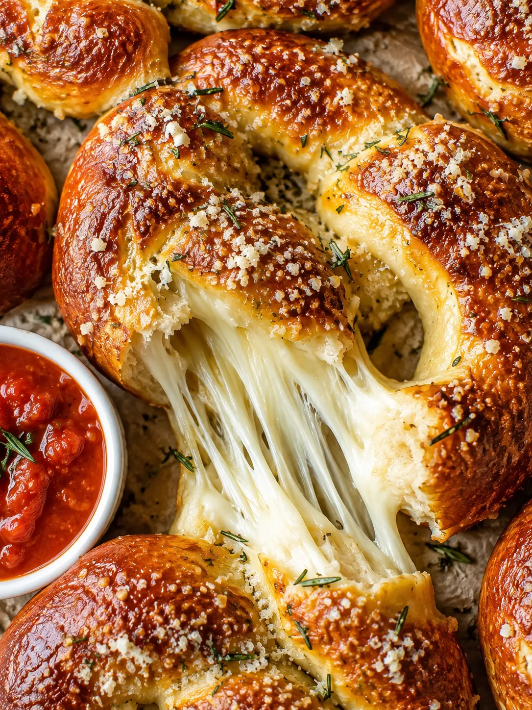 Golden mozzarella-stuffed soft pretzels with marinara dip