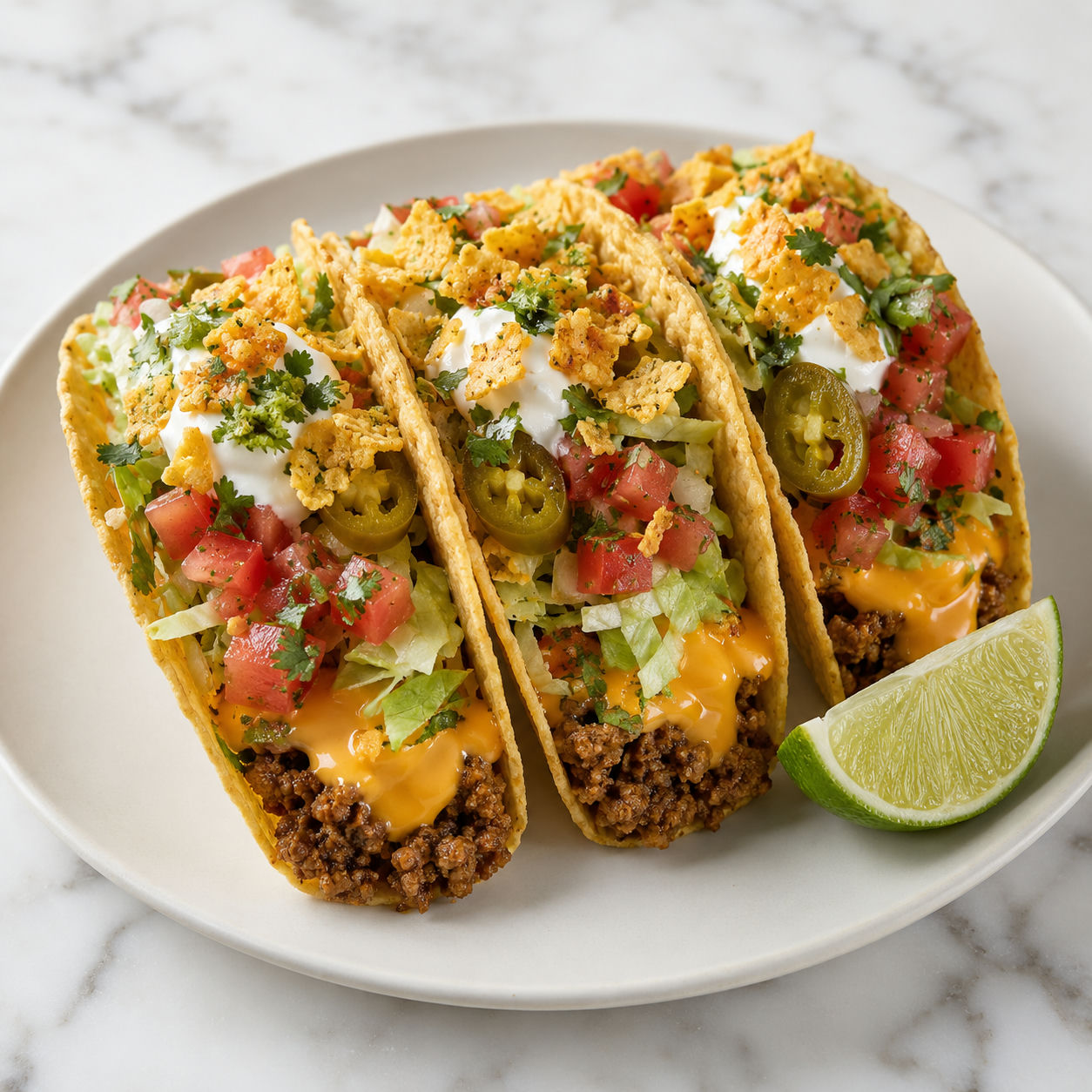 Nacho tacos with ground beef, orange cheese drizzle, pico de gallo, and crushed tortilla chips