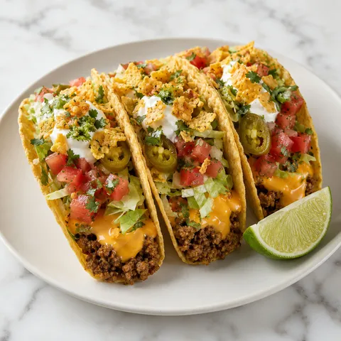 Nacho tacos with ground beef, orange cheese drizzle, pico de gallo, and crushed tortilla chips