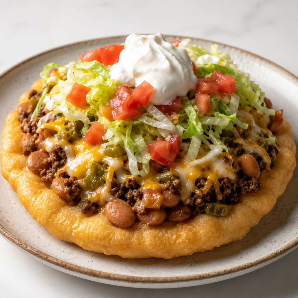 Navajo taco on golden fry bread with ground beef, green chile, melted cheese, lettuce, and sour cream