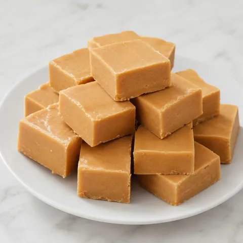 Creamy peanut butter fudge squares stacked on a white plate