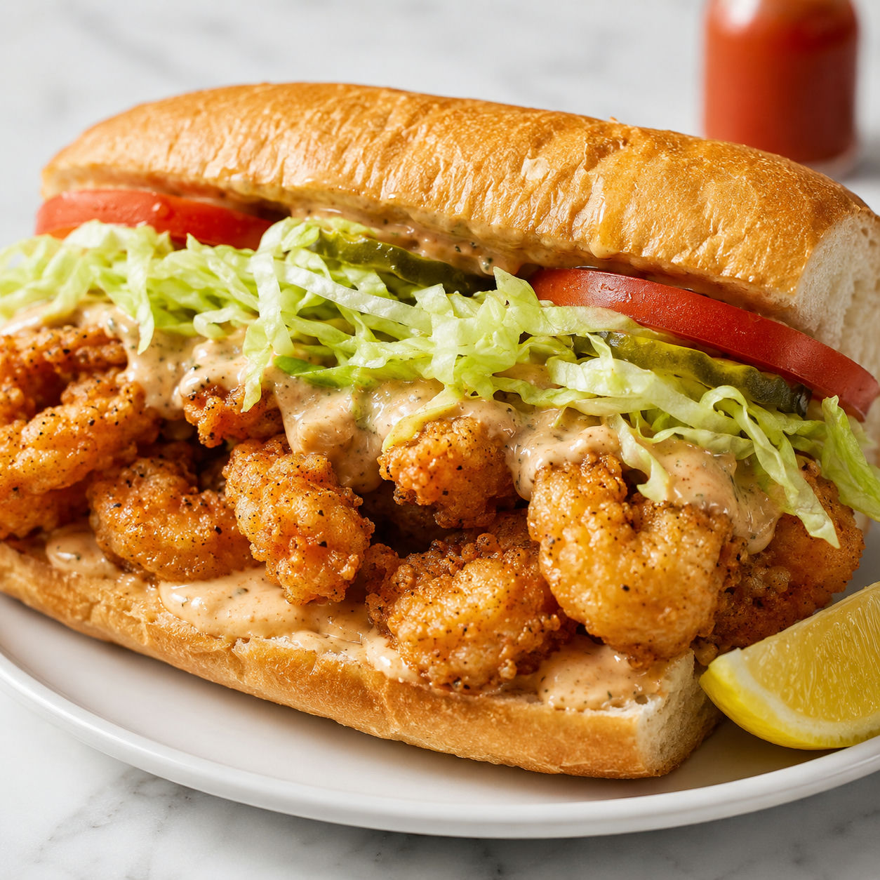New Orleans shrimp Po' Boy with fried shrimp, remoulade, lettuce, and pickles