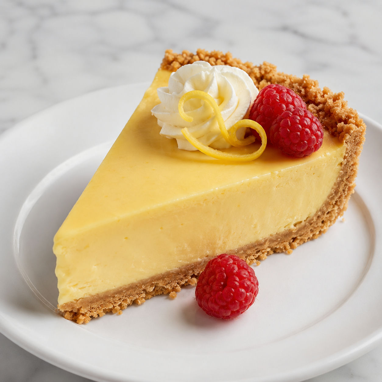 Cream cheese lemonade pie slice with whipped cream and raspberries