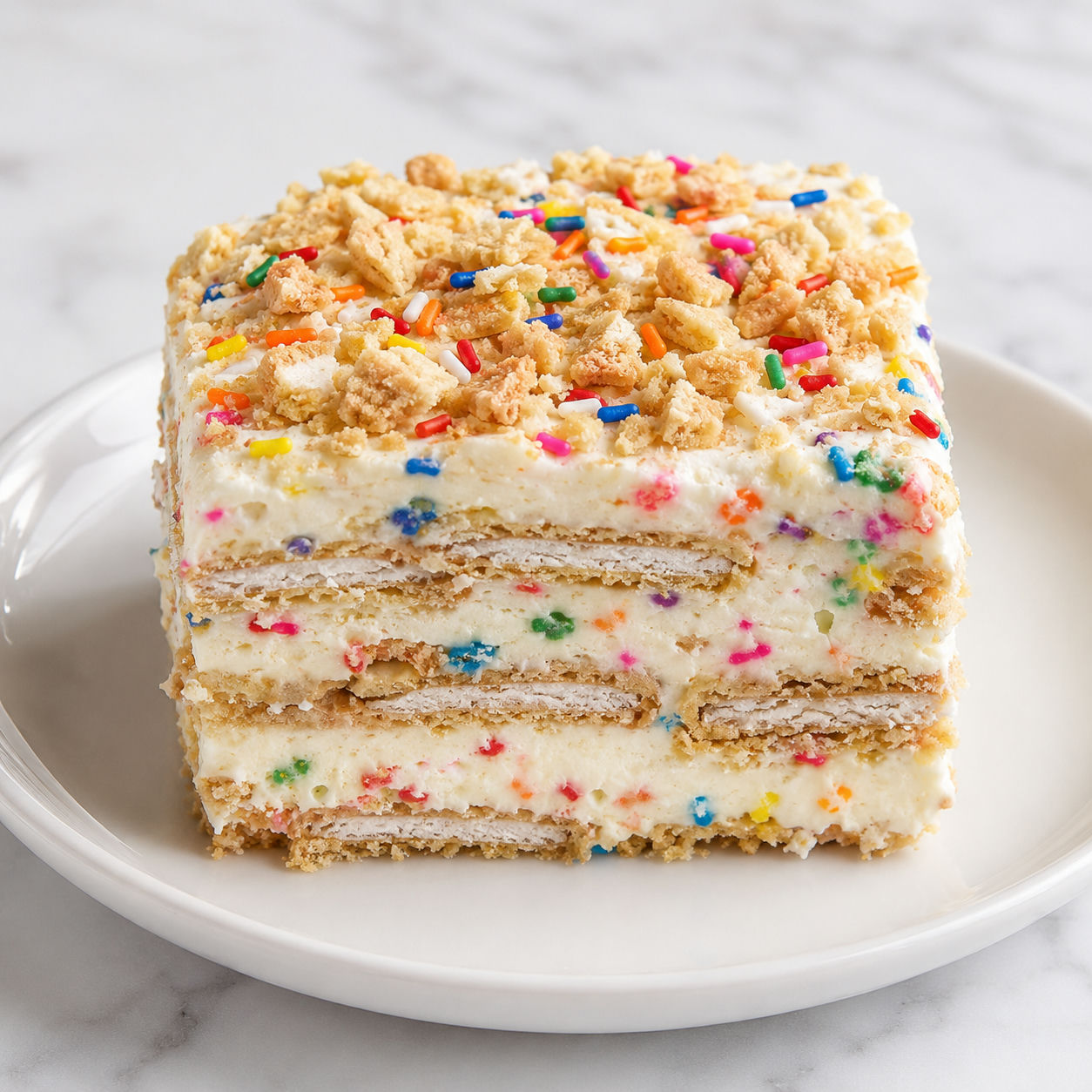 Funfetti Oreo icebox cake slice with creamy layers and rainbow sprinkles