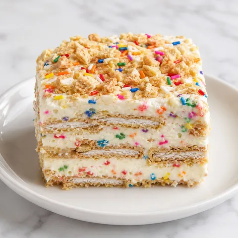 Funfetti Oreo icebox cake slice with creamy layers and rainbow sprinkles
