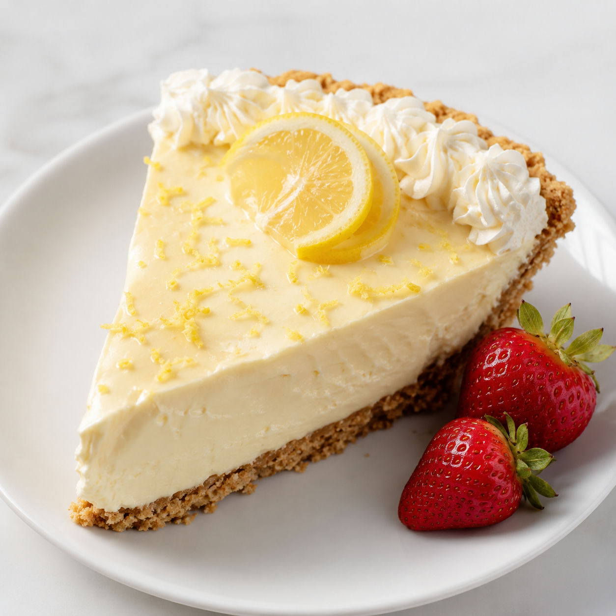 No-bake lemonade pie with whipped cream, lemon zest, and graham crust