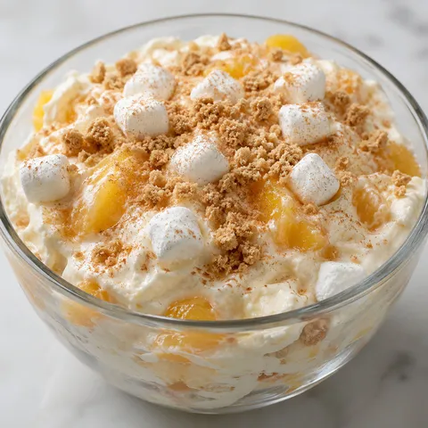 Peach cobbler cheesecake salad with graham crumble in a glass bowl