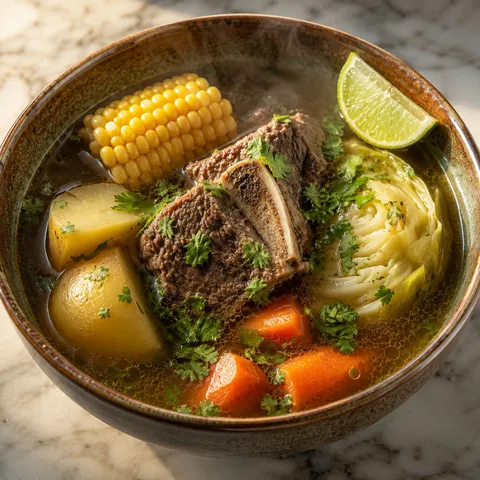 Bowl of caldo de res with short ribs, corn, potato, and cabbage in rich amber broth