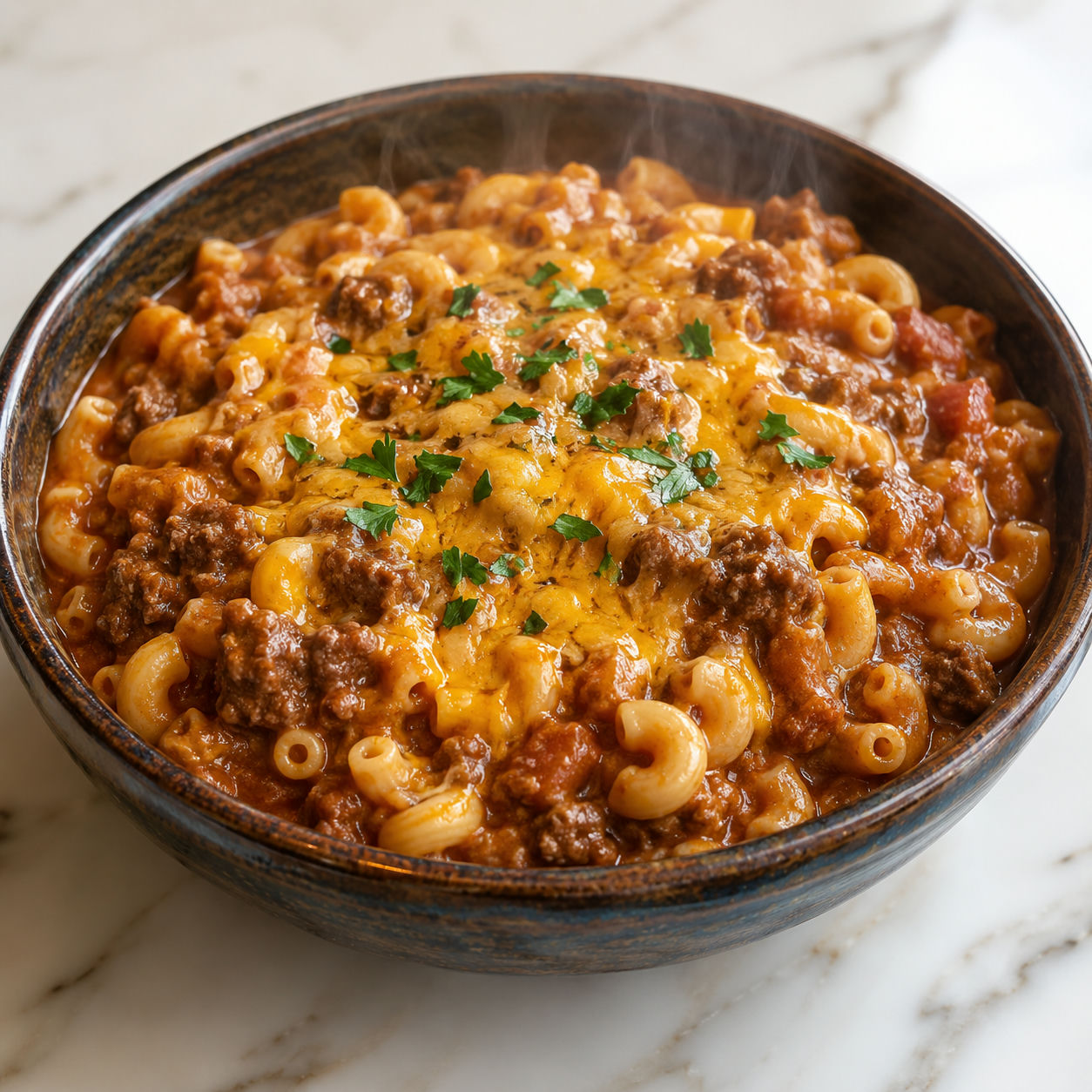 Old-fashioned goulash with elbow macaroni and melted cheddar in a rustic ceramic bowl