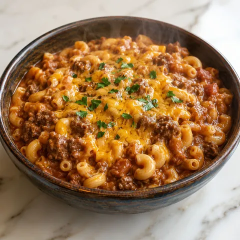Old-fashioned goulash with elbow macaroni and melted cheddar in a rustic ceramic bowl