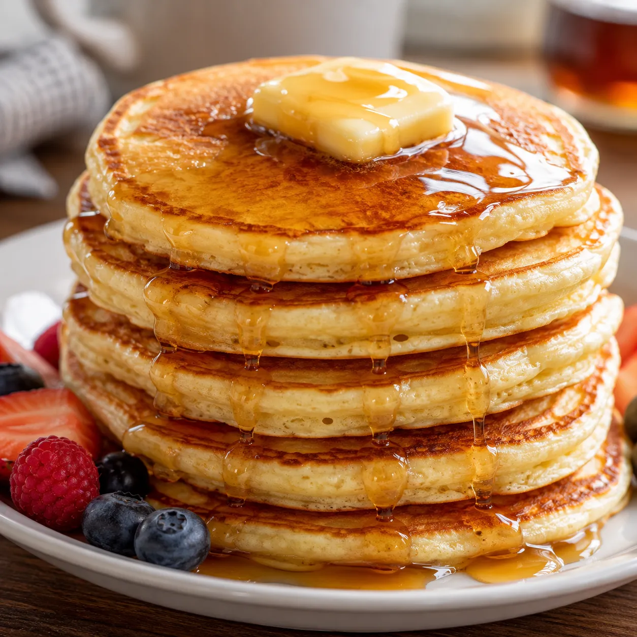 Stack of old fashioned pancakes with butter, maple syrup, and berries