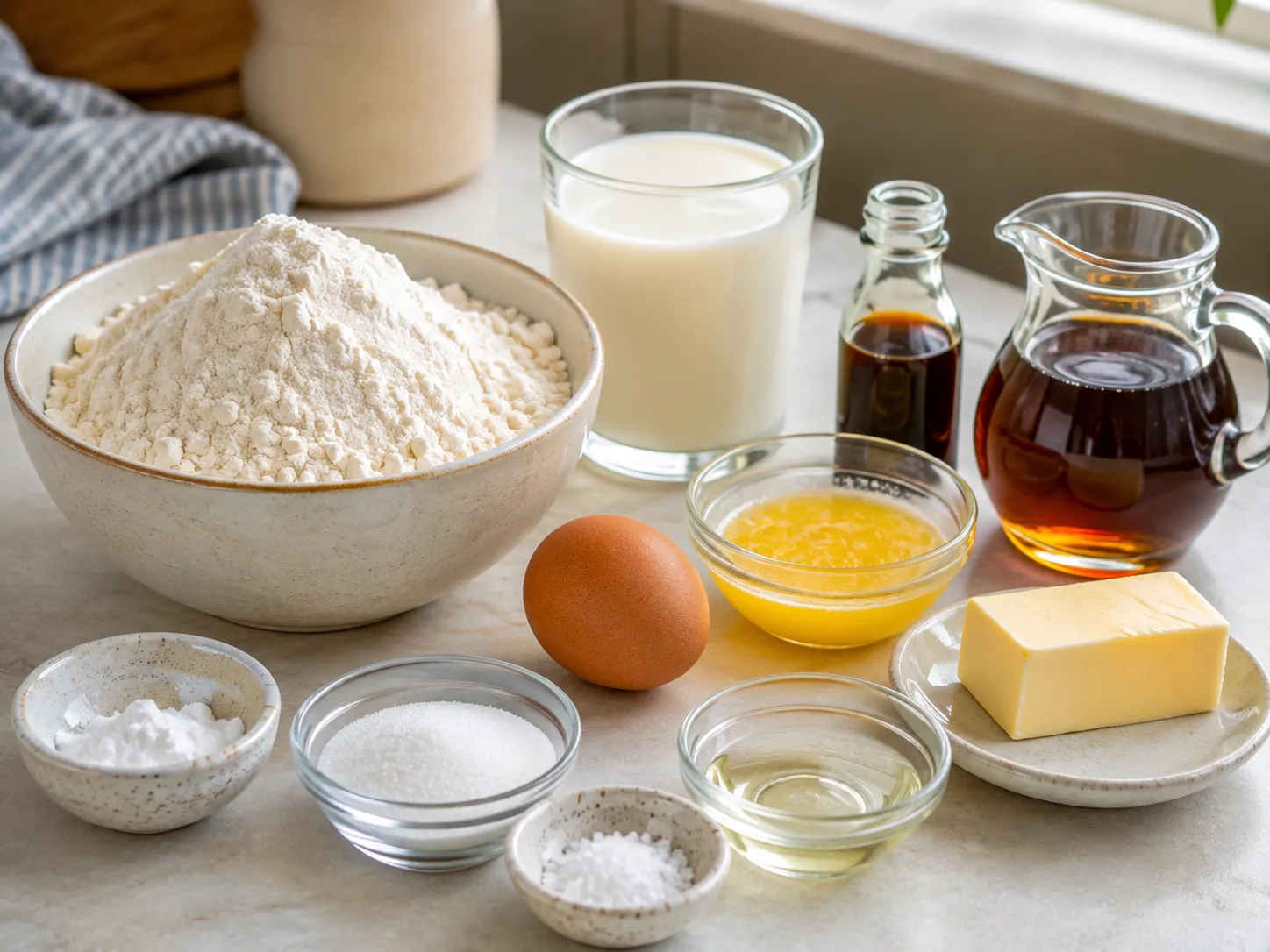 Ingredients for old fashioned pancakes arranged on a kitchen counter
