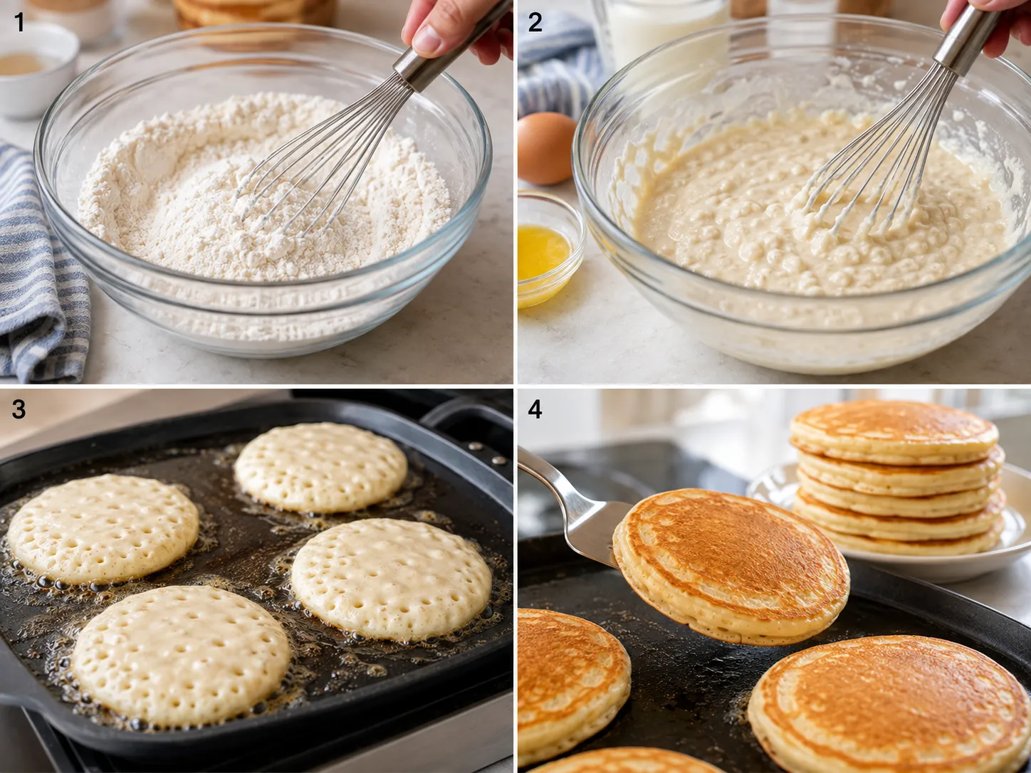 Four steps for making old fashioned pancakes from batter to griddle