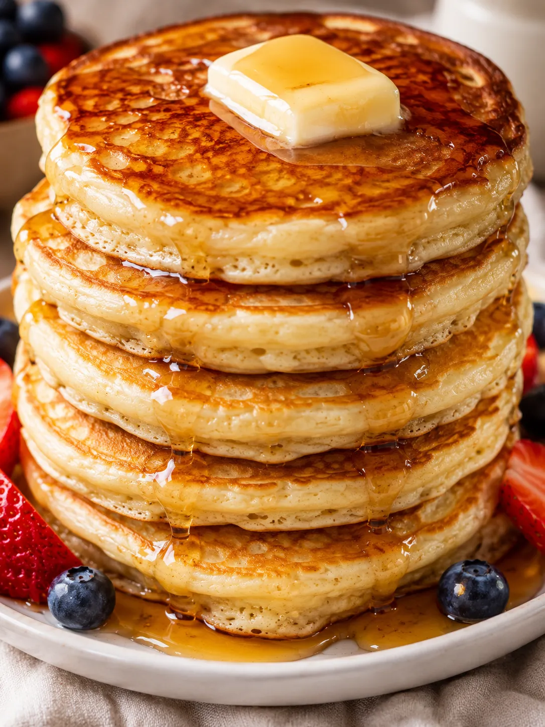 Old fashioned pancakes with melting butter and maple syrup