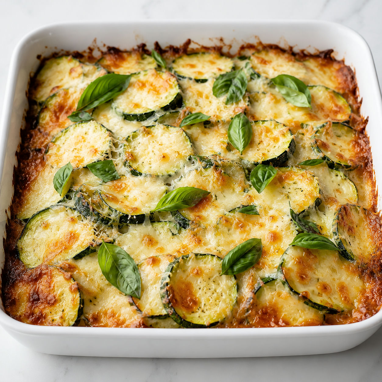 Golden baked zucchini rounds with melted mozzarella and parmesan in a white baking dish
