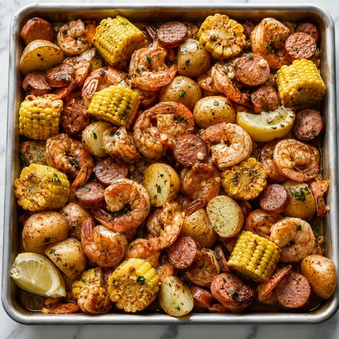 Garlic butter shrimp boil with sausage, corn, potatoes, lemon, and parsley