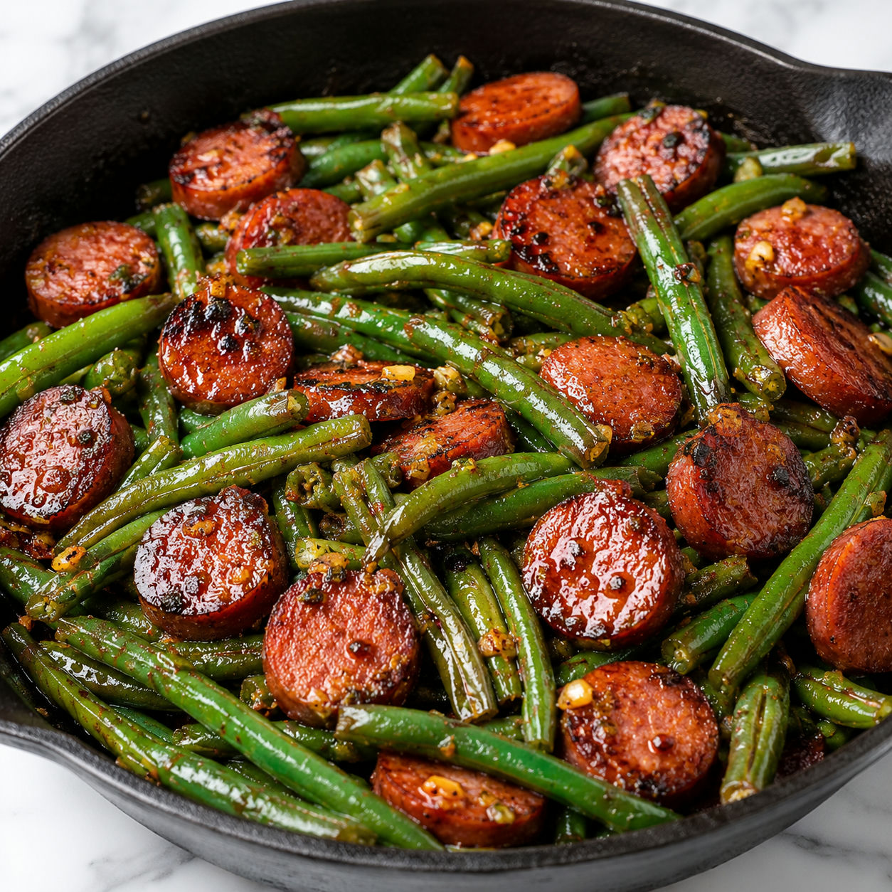 One pan sausage and green beans in garlic butter in a cast iron skillet