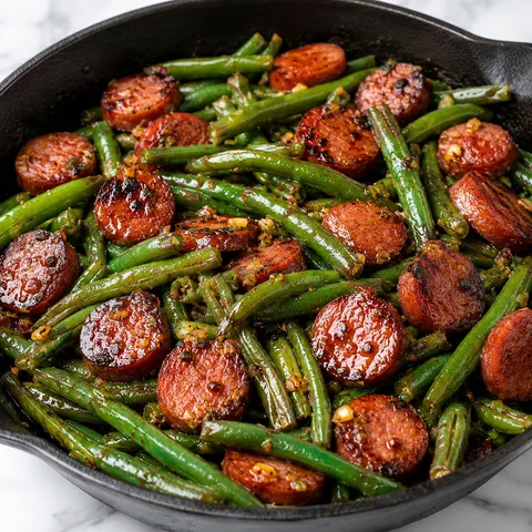 One pan sausage and green beans in garlic butter in a cast iron skillet