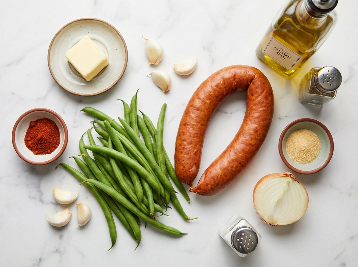 Raw ingredients for one pan sausage green beans on a wooden board
