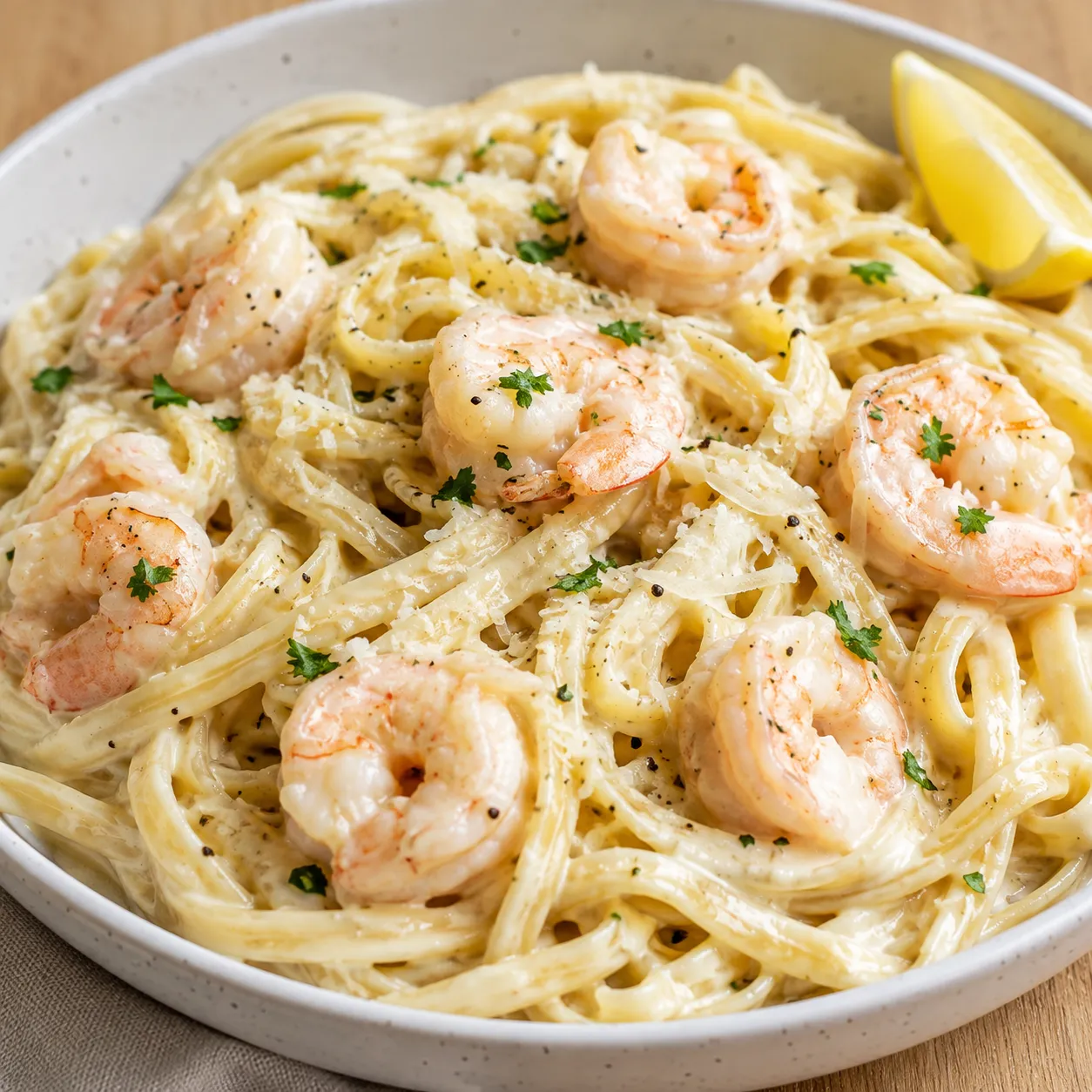 Shrimp fettuccine Alfredo with parsley and lemon in a shallow bowl
