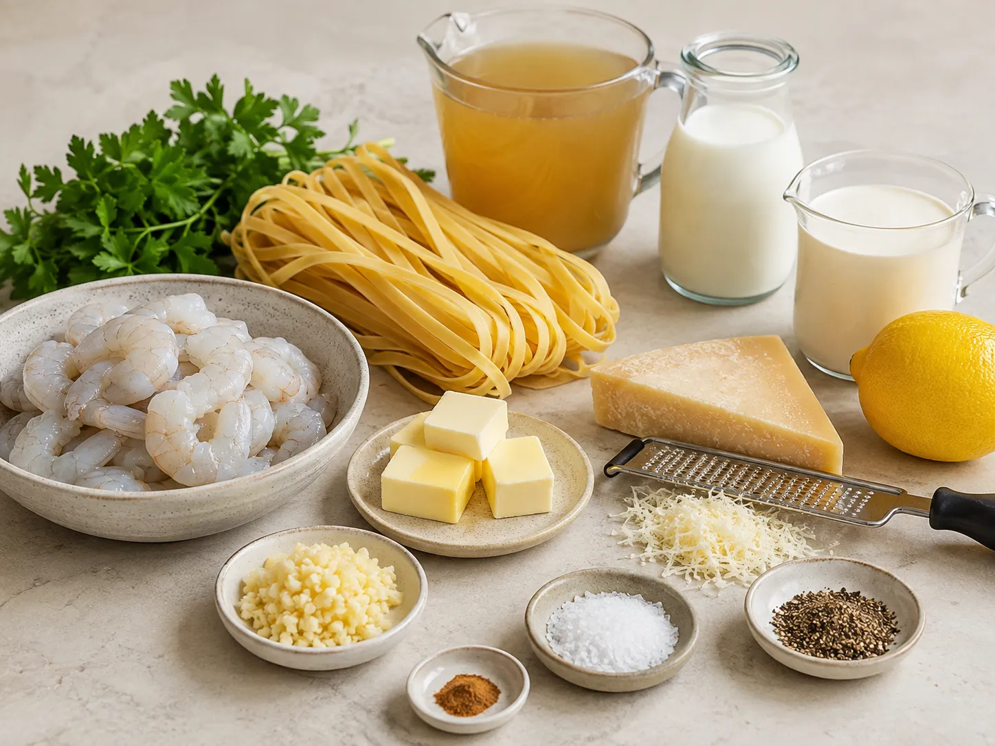 Ingredients for shrimp fettuccine Alfredo with pasta, shrimp, cream, and parmesan