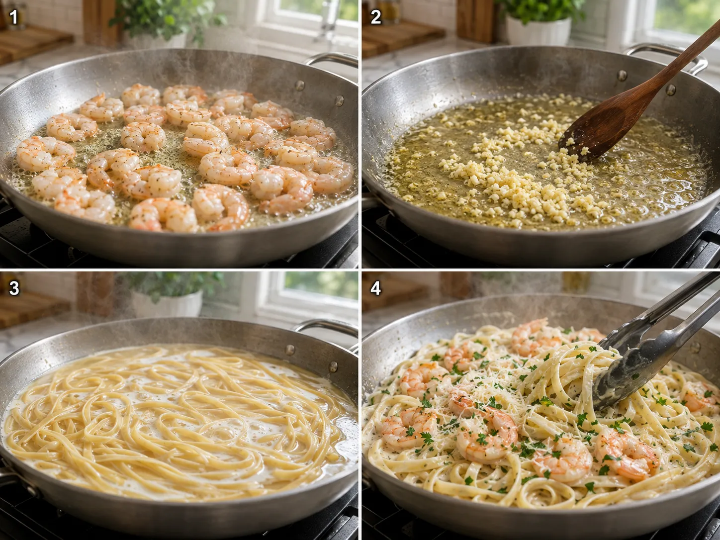 Four cooking steps for one-pan shrimp fettuccine Alfredo