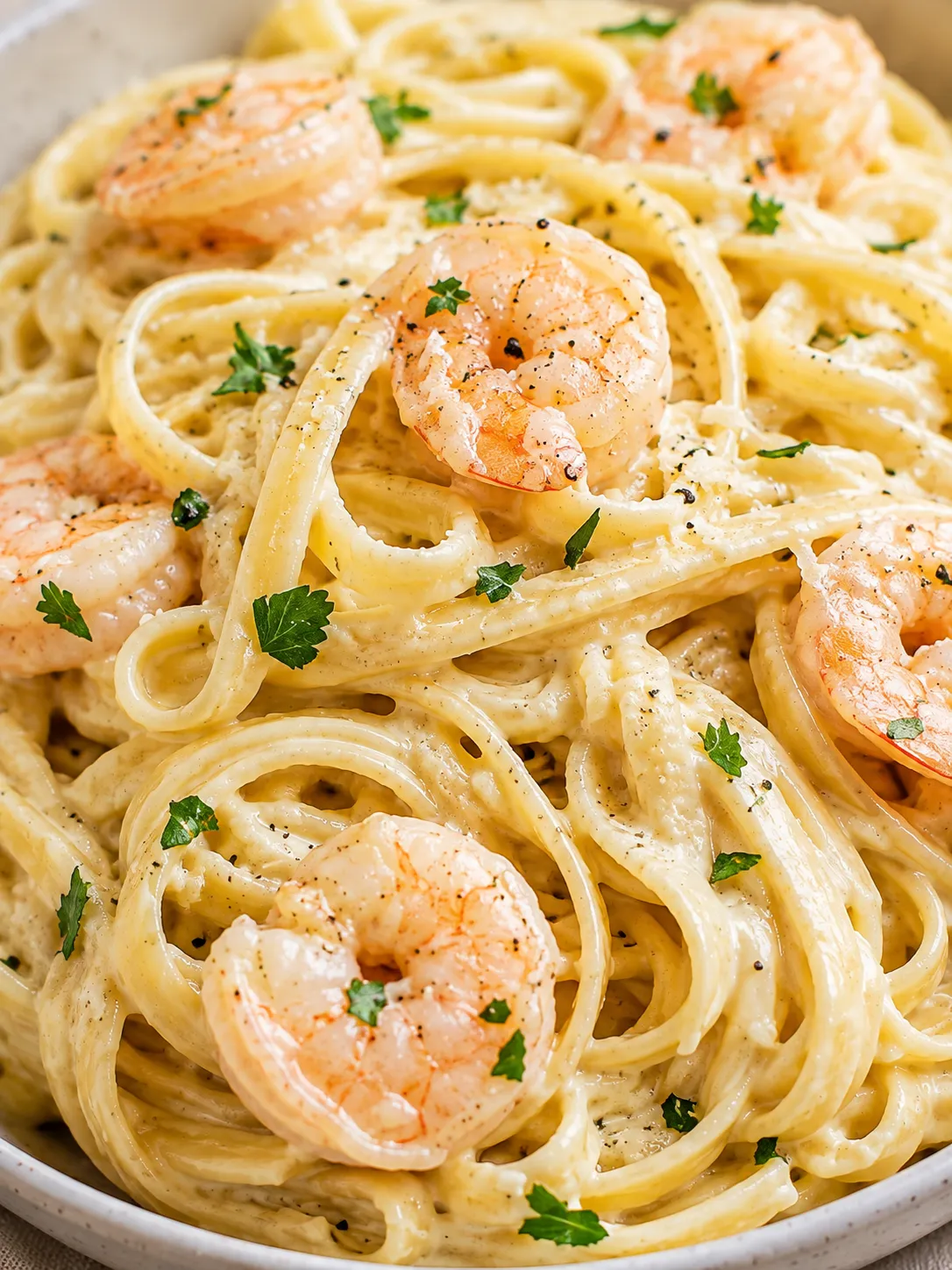 Creamy shrimp fettuccine Alfredo with parsley and glossy parmesan sauce