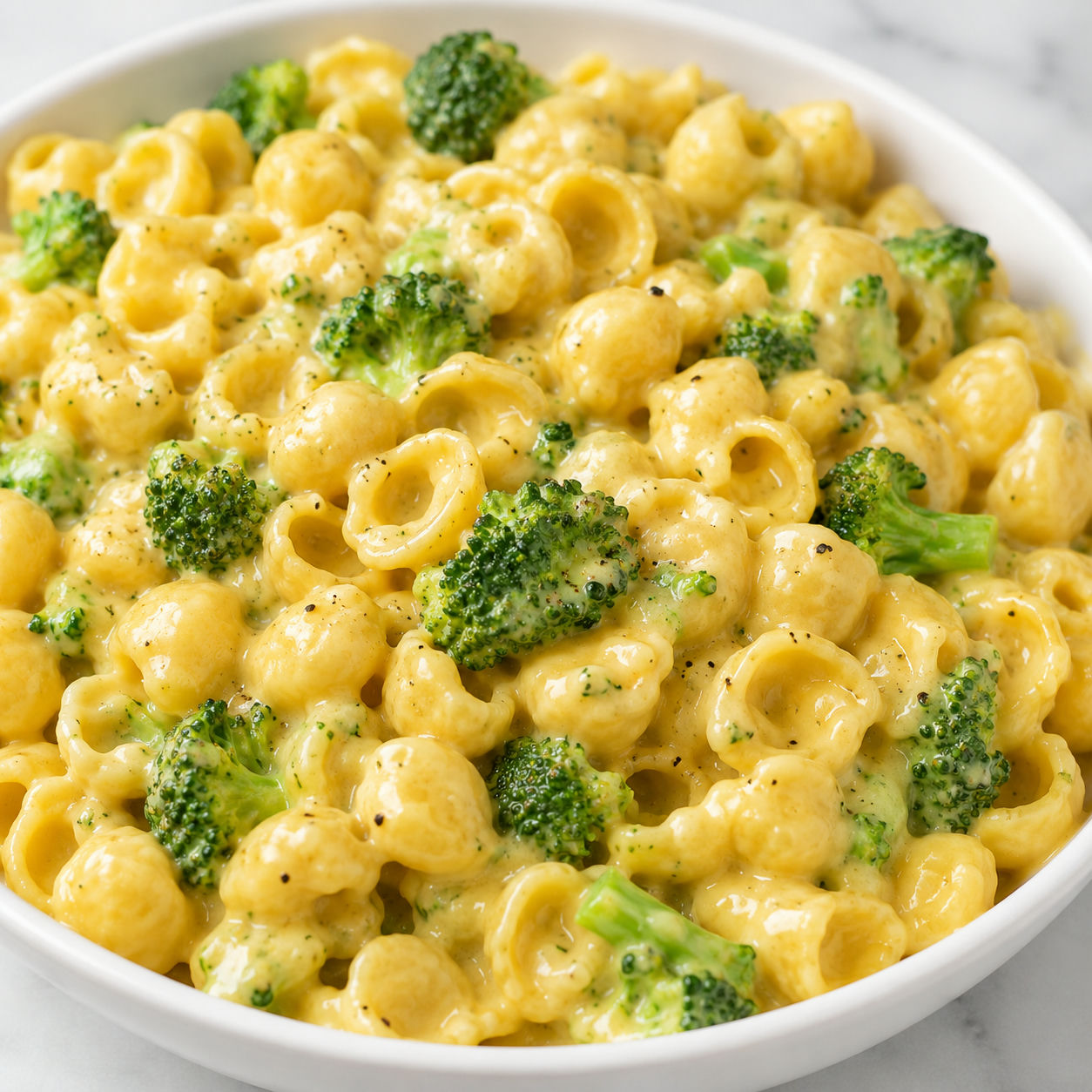 Creamy broccoli cheddar shell pasta in a white bowl
