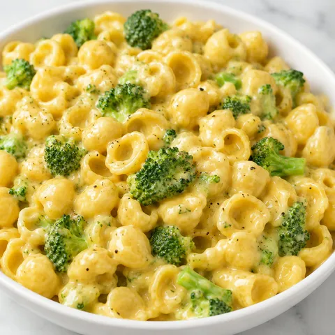 Creamy broccoli cheddar shell pasta in a white bowl
