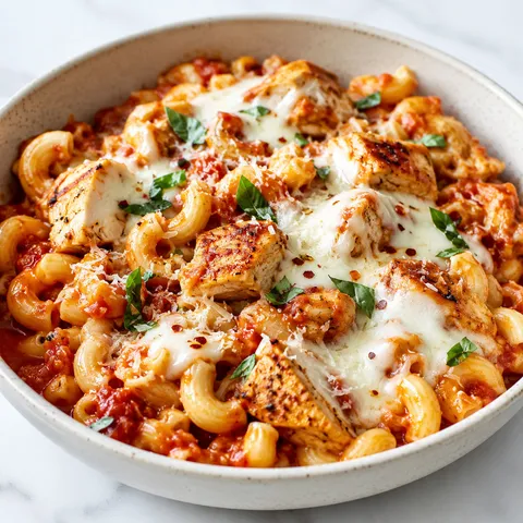 One-pot chicken parmesan mac and cheese in a ceramic bowl with mozzarella and basil