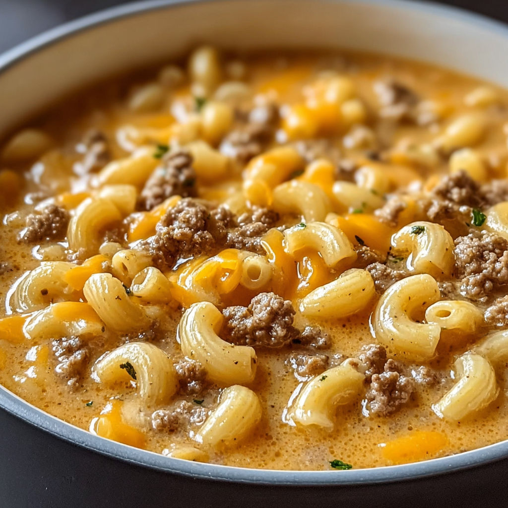 One-Pot Macaroni Cheeseburger Soup with Ground Beef and Cheddar