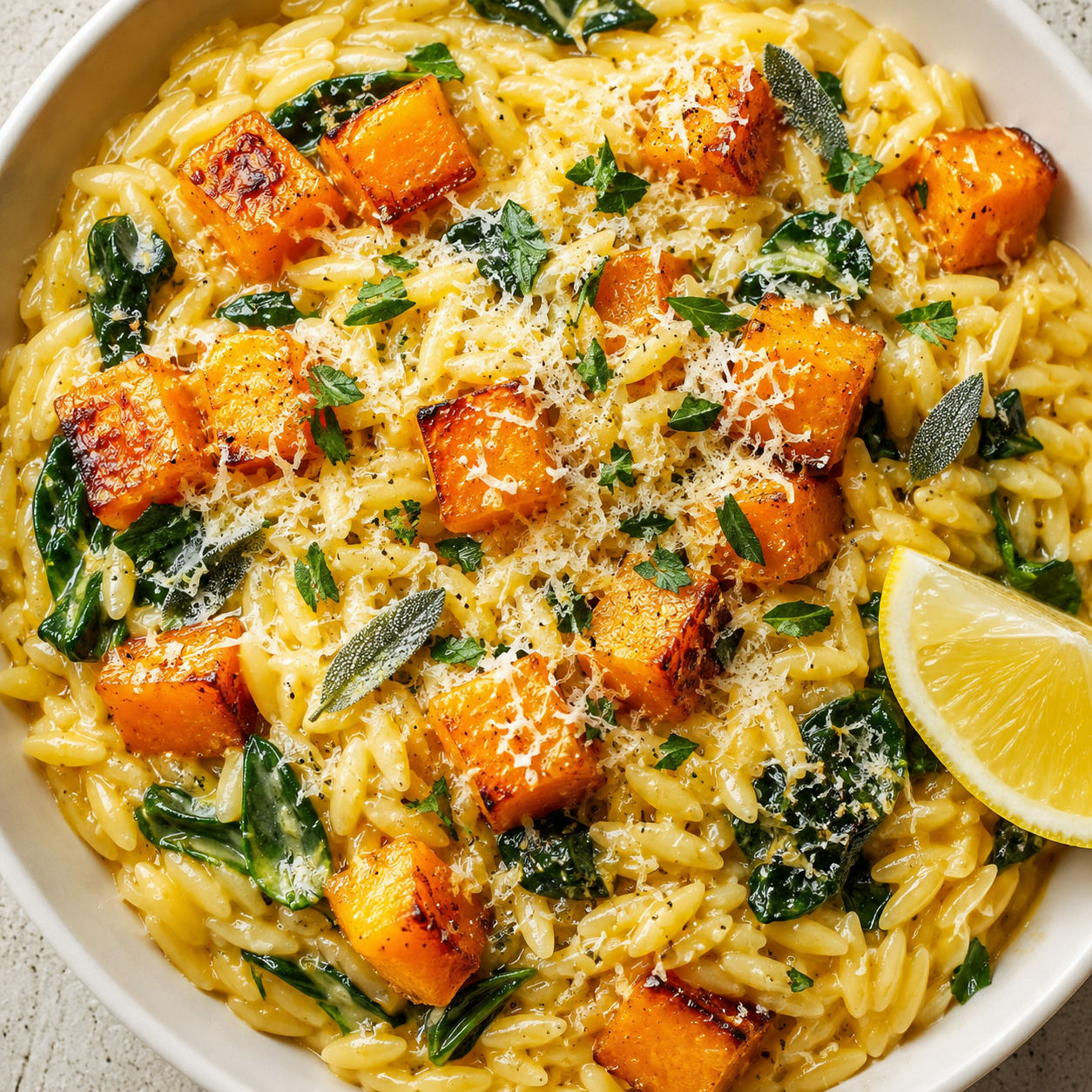 Creamy orzo with roasted butternut squash, spinach, Parmesan, and lemon